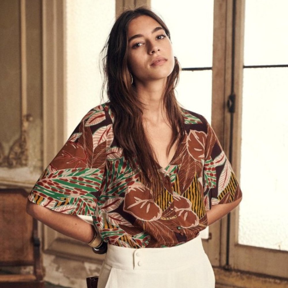 Sezane Brown Multicolor Botanical Print Blouse